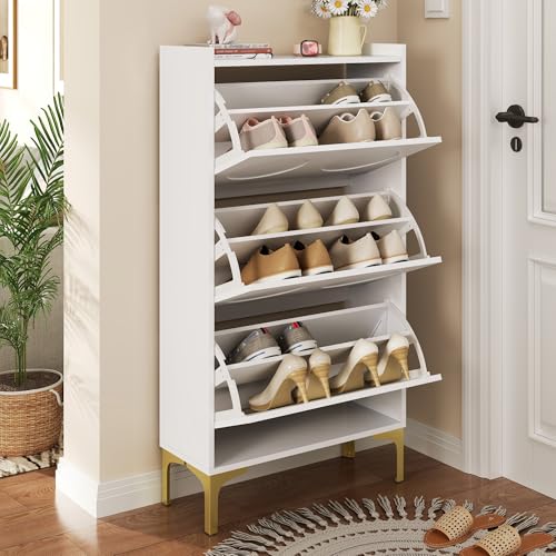 LLGWGL Schmal Platzsparend   MDF Dreistöckiger 6 AblagenStaubdichter Aufbewahrung Goldenen Metallfüßen für Bis zu 18 Paar Schuhe im 63x24x120 Weiße