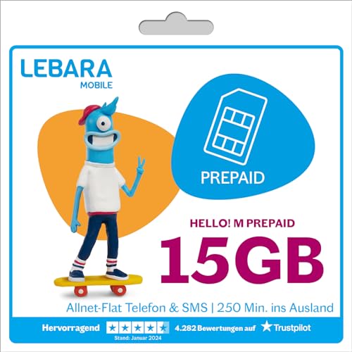 Lebara Hello M Prepaid SIM-Karte Handy-Tarif ohne Vertrag inkl. Allnet Flat Minuten SMS in alle dt. Netze 15 GB LTE 250 Minuten ins Ausland EU-Roaming