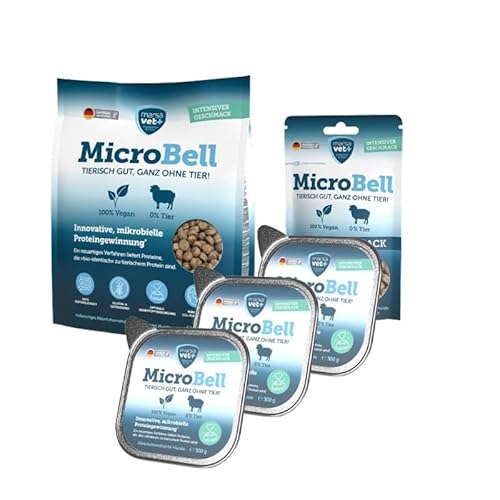 Marsavet MicroBell Veganes Hundefutter-Set Groß mit mikrobiellem Protein Trockenfutter für Hunde 4 kg gesunde Hundesnacks 100 g und Nassfutter für Hunde 3 300 g