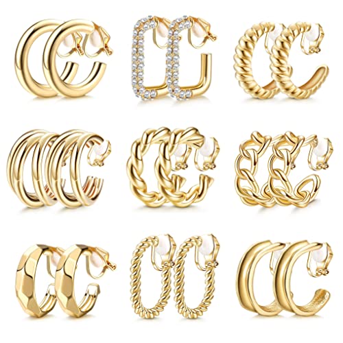 Morfetto 9 Paar Goldclip auf Creolen für Frauen Retro-Clip auf Ohrringen Twist Triple CZ Quadratische klobige Creolen Kein Piercing Gefälschte Ohrringe Gold