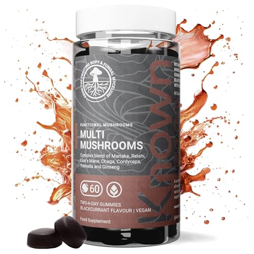 Known Multi Mushroom Gummies 1930mg Portion - Geschmack Schwarze Johannisbeere - Löwenmähne Reishi Cordyceps Chaga Maitake - Gehirn Fokus Immununterstützung - 60 Gummis 1 Monatsvorrat - Vegane