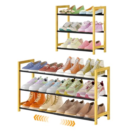 LVNIUS Schuhregal mit 3 Ebenen erweiterbar Bambus verstellbarer Schuh-Organizer für Schrankboden 6 12 Paar Metall-Eingangs-Schuhregal für kleine Räume schmal kompakt Kinder-Schuhständer für