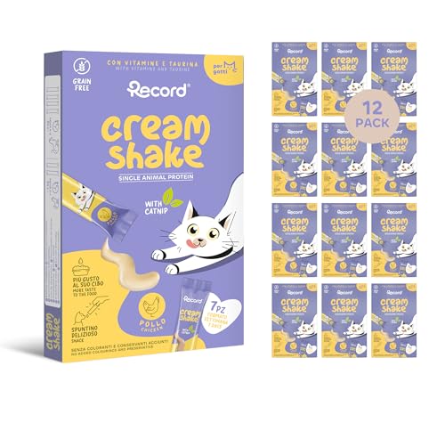 Record - Cream Shake Cremiger Snack für Katzen Huhn und Catnip 12 Pack 7 Sticks 12 g . Monoprotein ohne Zucker hohe Reizbarkeit mit natürlichem Catnip
