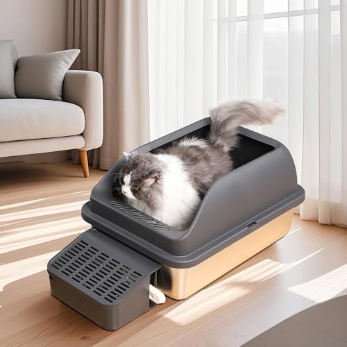 Premium XXL Katzentoilette - Katzenklo offen Edelstahl Grau Modern 62x41x30cm mit Rampe und Streuschaufel