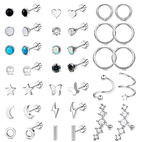 JeweBella 19 Paar Kleine Ohrstecker Set Für Frauen Männer Chirurgische Edelstahl Ohrringe Set Knorpelohrringe Creolen Ohrringe Perle Mond Stern Türkis Zirkon Flach Ohrringe Ohrpiercing Ohrstecker