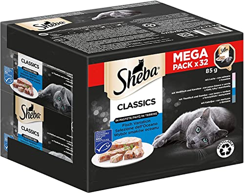  Classics Pastete  Feinstes Katzennassfutter der   Fisch Variation Lachs Weißfisch Thunfisch und Kabeljau   32x