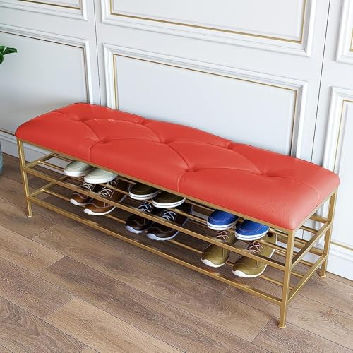 CATANK Eingangsbank Mit Goldenem Schuhregal Moderne Schuhbank Schuhorganizer Kunstleder Sitzbank Schuhregal Bank Schuhbank Für Den Eingang-Rot 120x35x45cm 47x14x18inch