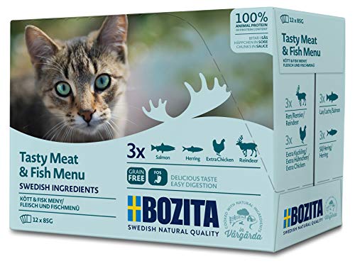 BOZITA Multibox Mixpack Lachs Hering viel Huhn Rentier   Häppchen in Soße 12x85g Pouch Portionsbeutel   getreidefreies Nassfutter für erwachsene Katzen