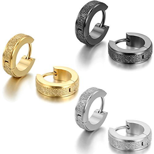 JewelryWe Schmuck 3 Paare Herren Damen Sandgestrahlt Hoop Huggie Ohrstecker Silber Schwarz Gold