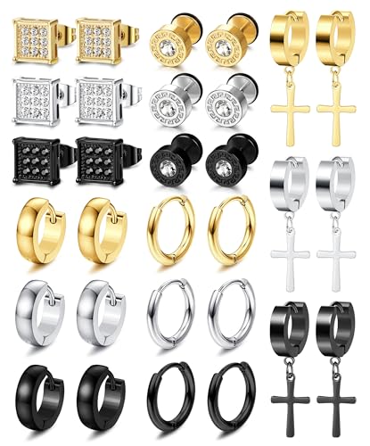 JeweBella 15 Paar Herren Edelstahl Silber Set Goldene Kreuz Baumelnde Schwarz Ohrstecker Männer Piercing Knorpel Zirkonia für Herren