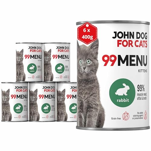 Katzennassfutter ohne Zucker und Getreide - Kaninchen Huhn - Katzenfutter Nass mit 99% Fleischanteil - Nassfutter mit 100% frischen Zutaten für Kätzchen - John Dog for Cats 99 MENU - 400g x 6