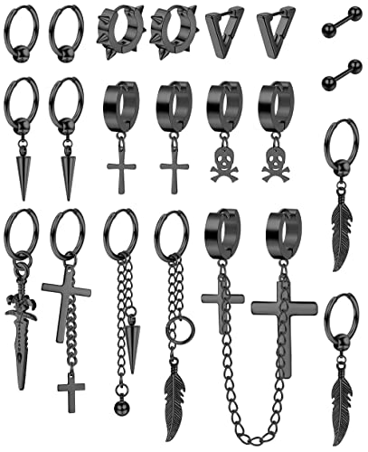 MILACOLATO 21 Stück 316L Edelstahl Creolen Ohrringe für Herren Damen Baumeln Kettenohrringe Punk Gothic Kpop Ohrringe Creolen Blatt Kreuz Ohrringe Set Unisex Schwarz