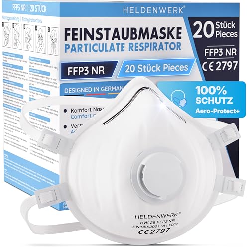 HELDENWERK FFP3 Maske mit Ventil 5er 10er oder 20er Set Atemschutzmaske Staubschutzmaske zertifiziert Ausatemventil Staubschutzmasken mit verstellbaren Hinterkopfband 20er Pack