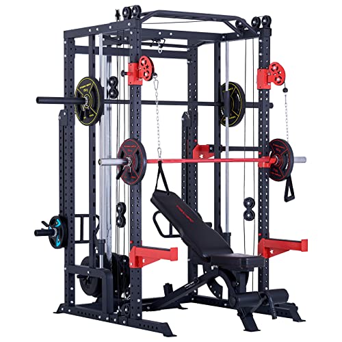 Train Hard Power Rack Multipresse Kraftstation Smith Maschine Hantelbank Beinpresse Klimmzug Latzug Dip Bar Rudern Langhantel und Zubehör ohne Hantelbank