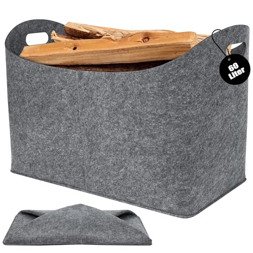 PEILU 2 Stück Filz Holzkörbe Tragbare Kaminholztasche mit Griff Faltbare Kaminholzkörbe Innen Außen 60L Vliesstoff Aufbewahrung Tasche für Brennholz Spielzeug Bücher Einkaufen Camping Grau