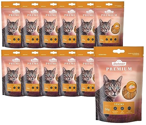 Dehner Premium Katzensnack Leckerli getreidefrei zuckerfrei für ausgewachsene sensible Katzen Hähnchenfleisch-Sticks 12 x 50 g 600 g