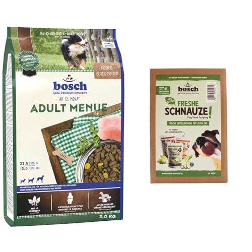 bosch HPC Adult Menue 1 x 3 kg bosch Freshe Schnauze - Gemüsekiste Aktionspaket 6 x 200 g Mixpaket mit Roten Grünen und Gelben Toppings für Hundefutter Für Trockenfutter und Nassfutter geeignet