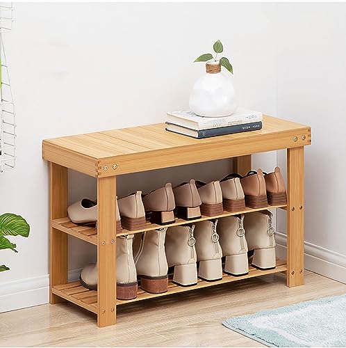 NCLOYN Schuhregal Sitzbank Bambus Schuhbank mit 3 Ablagen schuhschrank mit Sitzbank für Flur Bad Wohnzimmer Diele treppenhaus 66x25x44cm 26x10x17inch Wood