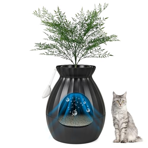 COSTWAY Katzentoilette intelligente Geruchsentfernung Sterilisation Blumentopf-Stil Türvorhang 63L Katzenklo für Katzen mit Kunstpflanze Kieselsteinen Schaufel 50x50x59cm Schwarz