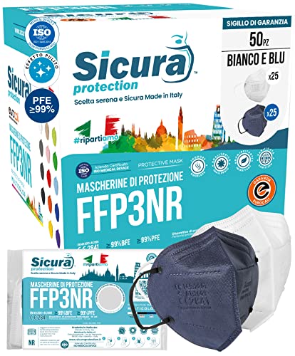 50 FFP3 Masken CE zertifiziert bunt Blau und Weiß Made in Italy BFE 99% PFE 99% Logoaufdruck SICURA Italienisch sanitisiert und einzeln versiegelt ffp3 Maske 25 Weiß 25 Blau
