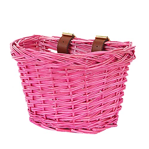 EIRONA Kinderfahrrad Lenkerkorb Aufhängekorb geeignet für Jungen Mädchen Kinderfahrradzubehör umweltfreundlicher handgefertigter Rattan Korb Rosa