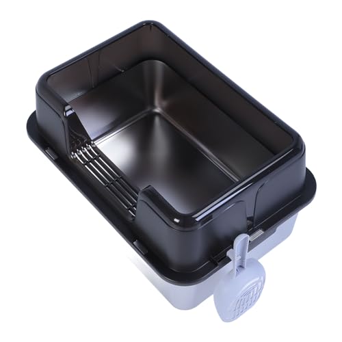 Asixxsix Katzentoilette aus Edelstahl Geräumiges Design mit Deckel für Große Katzen Metallmaterial mit Siebschale für Weniger Streustreuung Black