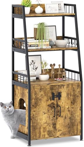 Katzen Kratzbaum Katzenmöbel Kratzbaum Katzenklo Schrank Katzentoilettengehege mit 3 Ablagen 2-in-1 Versteckte Katzentoilette mit Kratzmatte Indoor Katzenschrank Katzenhaus mit Regal Braun