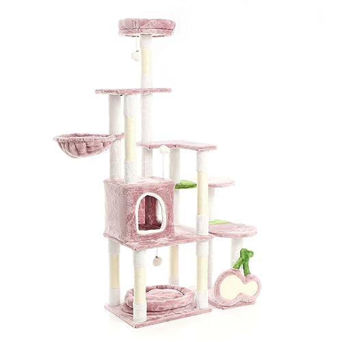 Fudajo Kratzbaum Kirschen in Rosa 162 cm hoch Katzenkratzbaum mit Kratzbrett in Kirsch-Form Katzenbaum mit Katzenhaus Liegemulde und Spielbällen