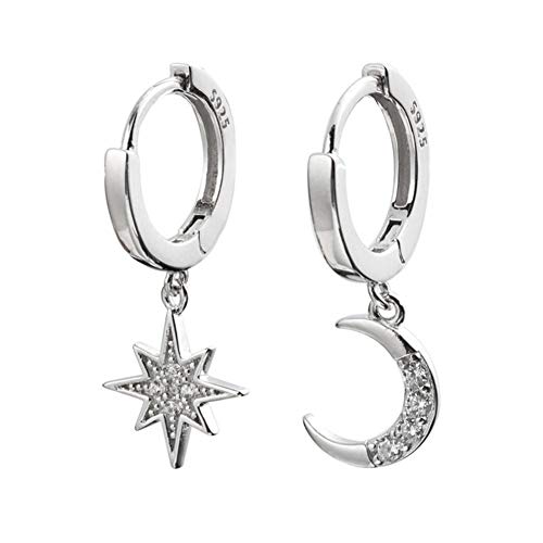 CZ Mond Stern Baumeln Kleine Creolen für Frauen Mädchen Sterling Silber Charms Kristall Asymmetrische Schneeflocke Halbmond Tropfen Mini Knorpel Clip Schmuck Zarte Mode Geburtstag Geschenke