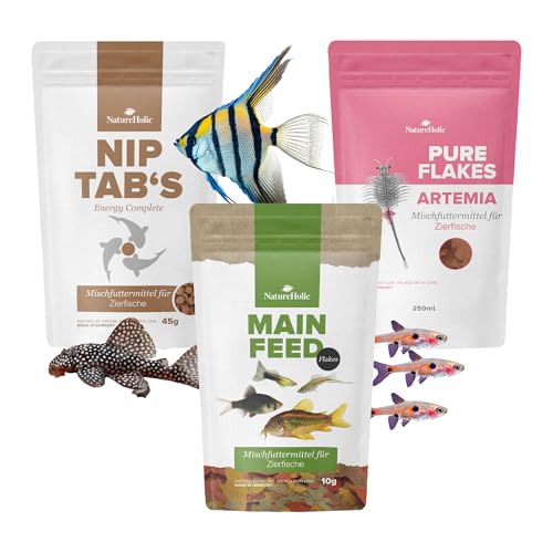 NatureHolic Fisch Alles-drin-Paket Aquarium Fischfutter Mix Flakes Flocken und Hafttabletten Komplettset für gesunde farbenprächtige Zierfische Mit Omega3 Artemia Vitaminen