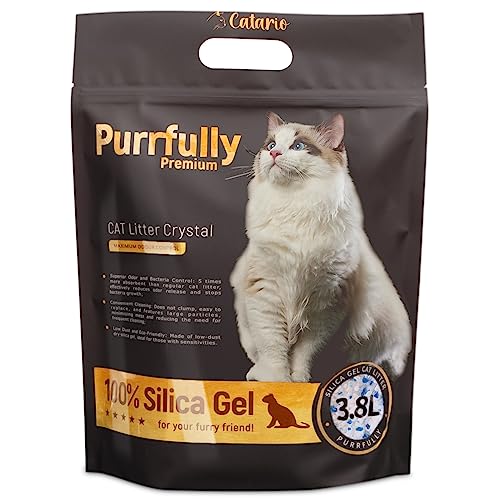 Catario Purrfully Silikat-Katzenstreu - Maximale Geruchskontrolle 5X Höhere Saugfähigkeit Antibakteriell Staubfrei Monatlicher Wechsel Sanft für Allergiker Praktische Verpackung 3 8L