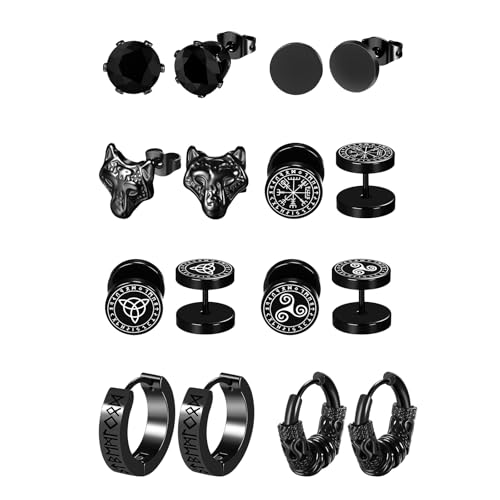 Flongo Wikinger Wolfskopf Ohrringe für Männer 8 Paar Edelstahl Keltische Ohrstecker Set Vintage Huggie Kreolen Creolen Ohrstecker Nordische Runen Fake Plugs Schwarze Gothic Ohrschmuck