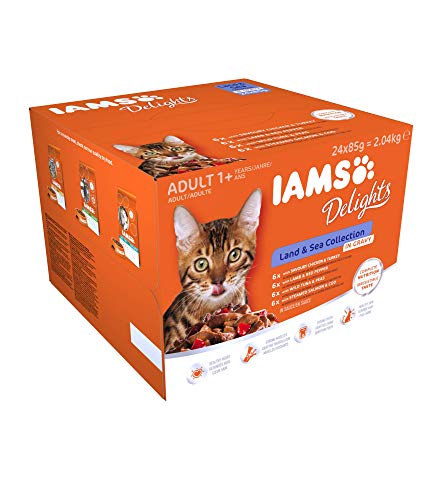 IAMS Delights Land Sea Collection Katzenfutter Nass - Multipack mit Fleisch und Fisch Sorten in Sauce Nassfutter für Katzen ab 1 Jahr 24 x 85 g