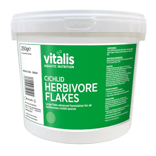 Vitalis Cichlid Herbivore Flakes für pflanzenfressende Cichliden Buntbarsche Flockenfutter Fischfutter für Aquarium Teich Flocken Cichlidenfutter Fischfutter mit 250g