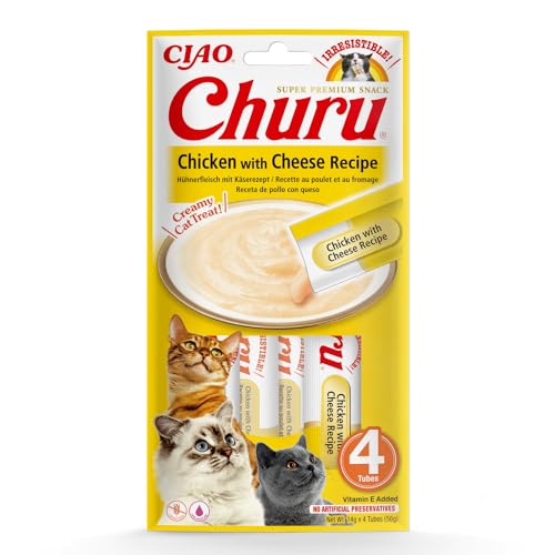 INABA Churu Püree Katzen-Leckerli - Katzenpaste zum Füttern aus der Hand - Köstliche Katzensnacks zum Schlecken - Katzensticks mit Hühnchen und Käse - 1 Packung 4 Sticks 14 g 4er Pack