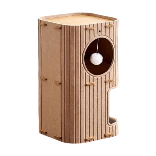 MotiveTech Katzenhaus Katzenbaum Unterschlupf Kratzfest Versteck Hütte Kratzbaum für Kätzchen mit hängendem Ballspielzeug für mehrere spielende Katzen Hellbraun 2 Ebenen
