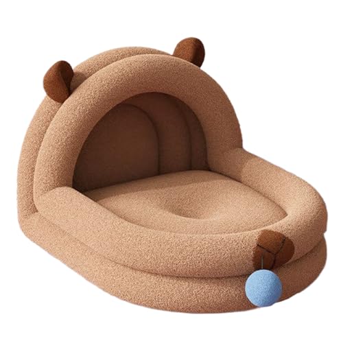 GTFYUDGH Katzenbett Halb Umschlossene Capybara Motiv Haustierhöhle Mit Abnehmbarem Plüschball Weiches Plüsch Kätzchen Bett - Für Zuhause Innenbereich Wohnzimmer Boden Katze Kätzchen Frühling Sommer