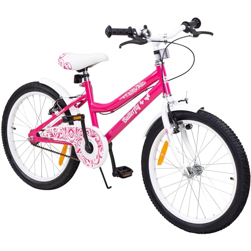 Actionbikes Kinderfahrrad Butterfly 20 Kinder Fahrrad für Mädchen   Von 6 9 Jahren   V Brake Bremse   Freilauf   Kettenschutz   Fahrräder   Laufrad   Kinderrad Pink Weiß