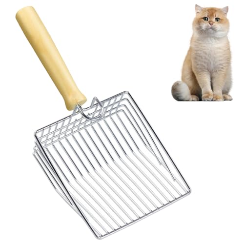 Hsyadazi 1 Stück Katzenklo Schaufel Katzenstreu Schaufel mit Holzgriff Katzenklo Schaufel Metall Streuschaufel Katzenklo Edelstahl Katzenstreuschaufel mit Halter Katzenschaufel für Katzenklo