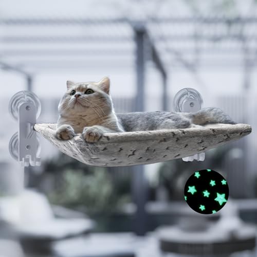POMESEA Fensterliege Faltbare Hängematte Katze Leuchtenden Sternen Fensterplätze Starken Saugnäpfen Katzenliege Fenster für Große Bis zu 20kg Grau L