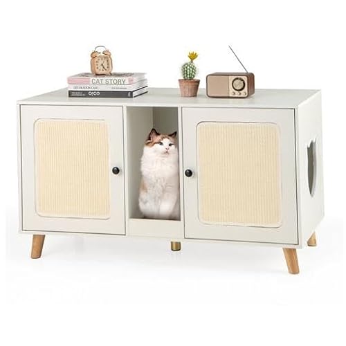COSTWAY Katzenschrank für Katzentoilette Katzenklo Schrank mit 2 Türen Kratzbrett 2 Sisal-Kratzmatten Eingang Katzenhaus für 2 Katzen Katzenmöbel Beistelltisch 108 x 50 x 60 cm Weiß
