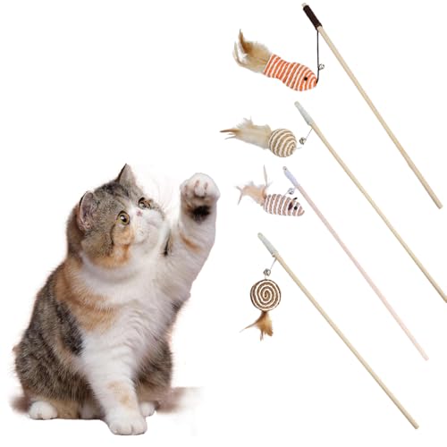 4 Stück Katzenangel Feder Interaktives Katzenangel Katze Spielzeug Katzenspielzeug-Stab mit Maus Fisch Plüschtier für Katzenbeschäftigung A
