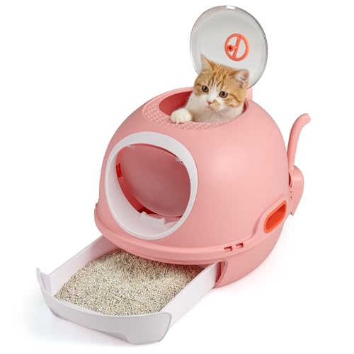 GYMAX Katzentoilette tragbares Katzenklo mit Deckel Schublade Pendeltür Luke Schaufel einfache Reinigung Cat Litter Box Katzenklo Katzenzubehör Rosa