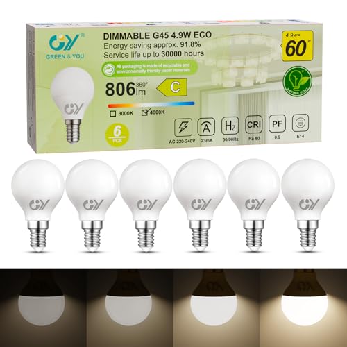 GY 4.9W ersetzt 60W 807 Lumen Hochhelligkeit 4000K Neutralweiß G45 P45 Mini Globe Energieklasse C Flimmerfrei Regulierbar für Küche Bad 6er Pack