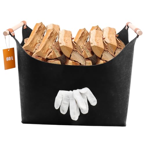 Holztasche für kaminholz XL mit Handschuhen extra dicker Filz und verstärkter Griff Faltbarer Holzkorb Filztasche Brennholzkorb Filzkorb für Einkauf Holz Zeitung oder Brennholz Schwarz 60L