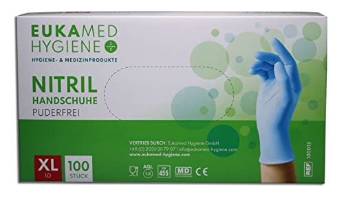 Eukamed Hygiene GmbH Nitril-Handschuhe XL 100 Stück puderfrei latexfrei hypoallergen Lebensmittelhandschuhe medizinische Einweghandschuhe Pack 100 Stück Größe XL