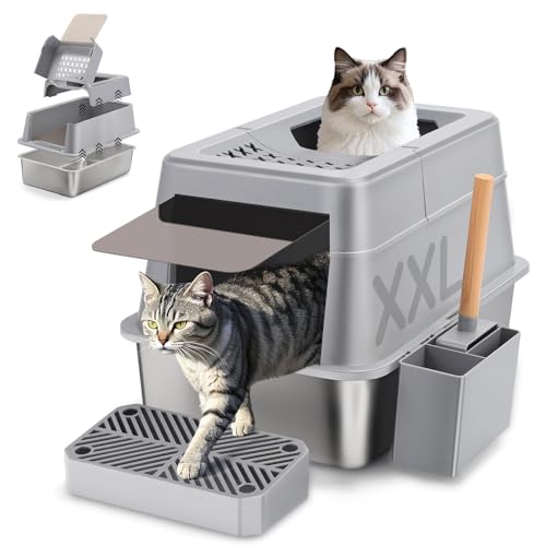 Edelstahl Katzenklo mit Deckel 110 Flip-Cover Design XXL Geschlossen Katzentoilette aus Edelstahl 38L Großes Kapazität mit Schaufel und Fußpedal Hoher Rand Auslaufsicher und Leicht Reinigen
