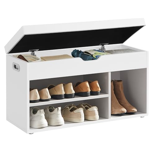 VASAGLE Schuhbank Sitzfläche Sitzbank Stauraum gepolstert 3 offene Fächer Fach unter Sitzkissen Schuhregal für Wohnzimmer Flur bis 136kg belastbar wolkenweiß LHS30W