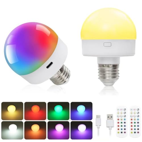 LED Lampe E27 RGB Glühbirne mit Fernbedienung 4W USB Wiederaufladbare Glühbirne mit Timing 15 Farbig 3 Farbtemperatur Smart Akku Batterie Glühbirne Notfall-Glühbirne mit abnehmbarem Lampenhalter