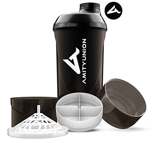 Fitness Shaker 700 ml 2 Extra Fächern   Deluxe Shaker komplett auslaufsicher   BPA frei Sieb und Skala für und BCCA Trinkflasche für Trainings Boster   Schwarz Smoke Cup